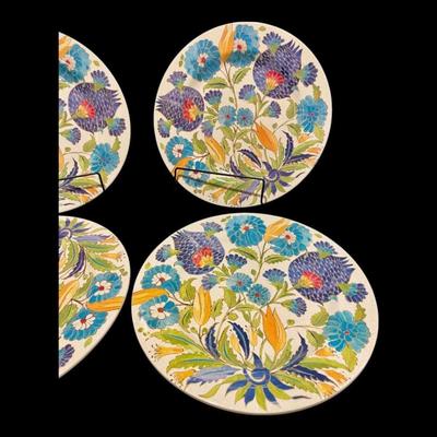 Williams Sonoma Iznik Tile "Blue & Green Floral" Melamine Dinner Plates Dinnerware, Set of 4, New