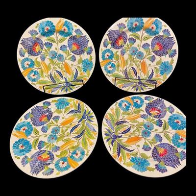 Williams Sonoma Iznik Tile "Blue & Green Floral" Melamine Dinner Plates Dinnerware, Set of 4, New