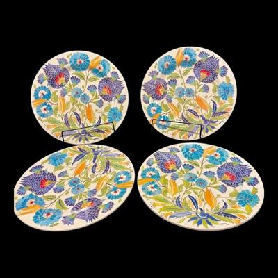 Williams Sonoma Iznik Tile "Blue & Green Floral" Melamine Dinner Plates Dinnerware, Set of 4, New