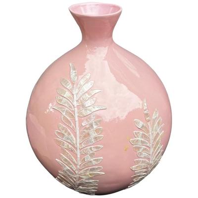 Light Pink Round Decorative Resin and Capiz Shell Vase Urn 