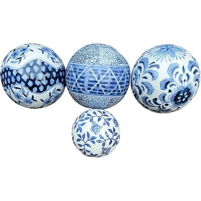 Set of 4 Chinoiserie Blue and White Porcelain Decorative Balls with Tray Centerpiece