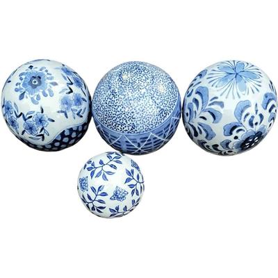 Set of 4 Chinoiserie Blue and White Porcelain Decorative Balls with Tray Centerpiece