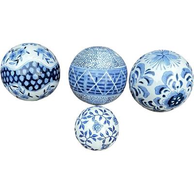 Set of 4 Chinoiserie Blue and White Porcelain Decorative Balls with Tray Centerpiece
