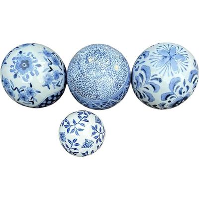 Set of 4 Chinoiserie Blue and White Porcelain Decorative Balls with Tray Centerpiece