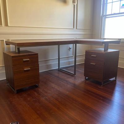 Two Wood & Metal Desks With Attached Filing Cabinets (UO-MG)