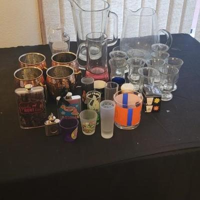 Glassware, shot glasses, copper mugs