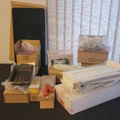 NIB glass plates, cookware, misc