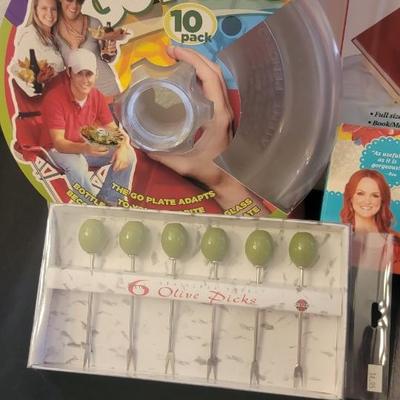 Party items NIB olive picks, wood bed tray plus