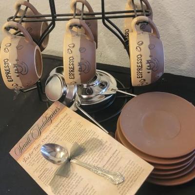 NIB 2 glass serving trays, oil dipping set, expresso cups