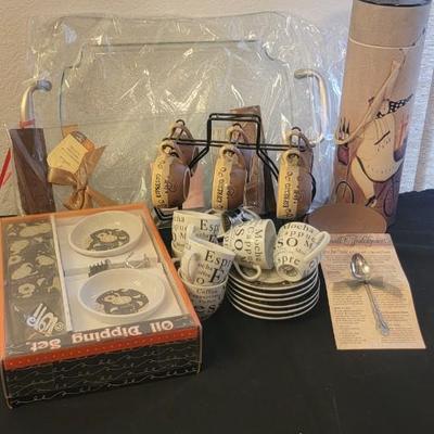 NIB 2 glass serving trays, oil dipping set, expresso cups
