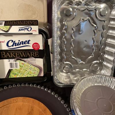 New Pampered Chef 8x8 pan, aluminum pans, glass platter