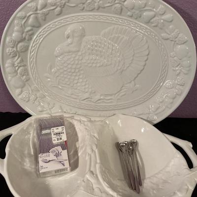 Italian divided, acorn platter, turkey platter, forks, and