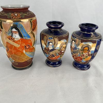 Three vintage Japanese Satsuma hand painted vases