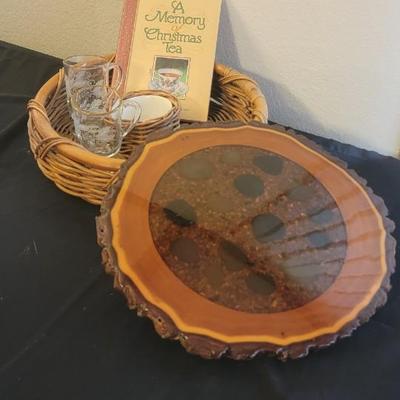 Raw wood lazy susan, chip n dip basket