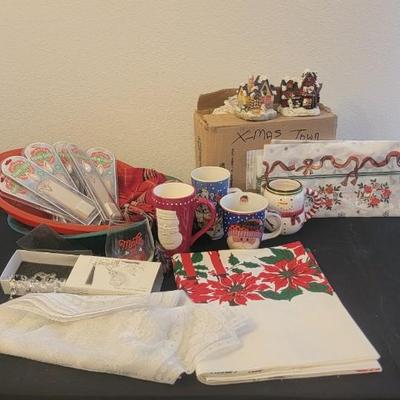 Christmas, mugs, tablecloth, mini houses