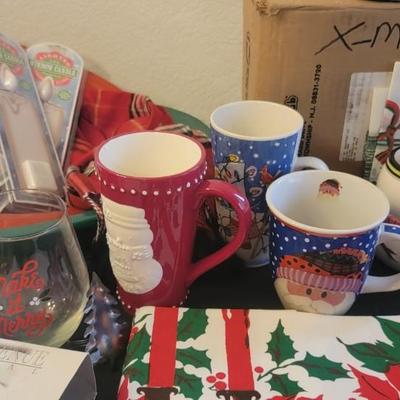 Christmas, mugs, tablecloth, mini houses