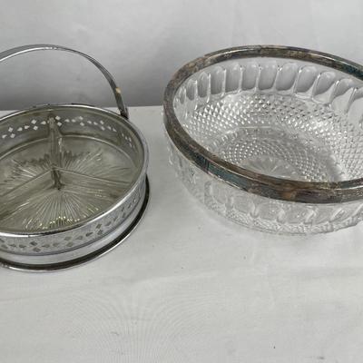 Vintage cut glass with silver plate rim bowl & Divided candy dish