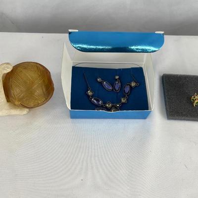 Avon Sonnet Cologne bottle with Avon blue necklace and earrings set and green flower post earrings