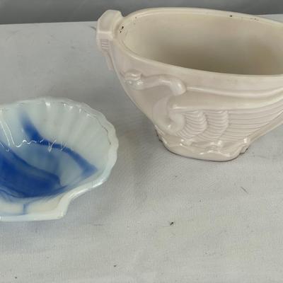 1930’s McBeth Evans swan vase & blue swirl trinket dish
