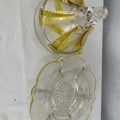 Pressed glass butter dish with yellow trim