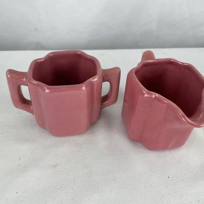 Rosemeade pink pottery creamer, and sugar set