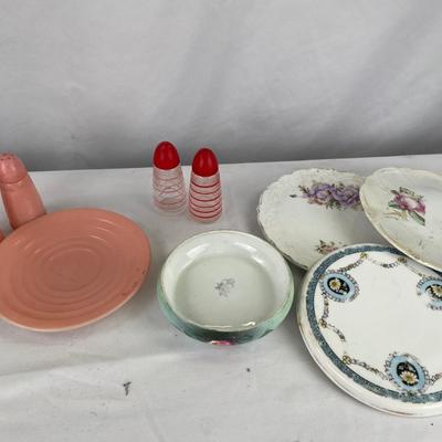 MCM pink glass S&P shakers with plate