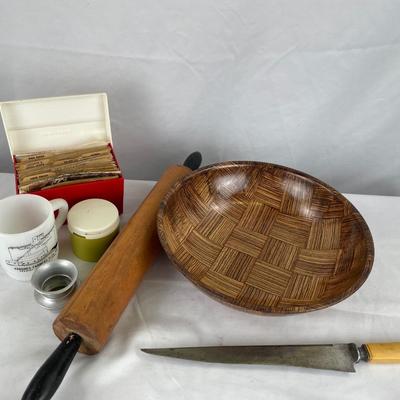 Rolling pin, wood bowl, large knife, and recipe cards