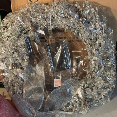 Stocking holders, lighted wreath, vintage, crochet, and bells