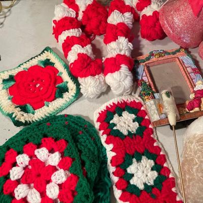 Stocking holders, lighted wreath, vintage, crochet, and bells