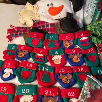 Advent calendar, lighted topiary, placemats, and table cloths