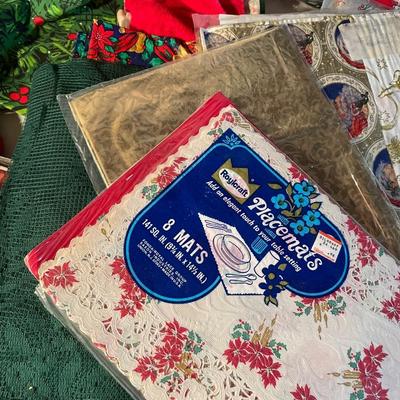 Advent calendar, lighted topiary, placemats, and table cloths