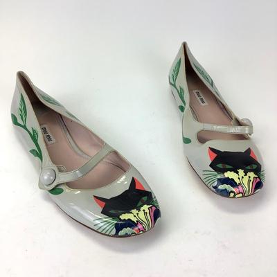 162 MIU MIU Cat Print Mary Jane Patent Leather Ballet Flats Size 41