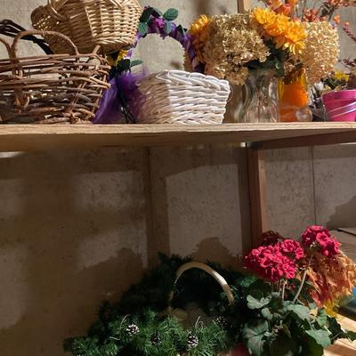 Large lot of faux flowers and baskets