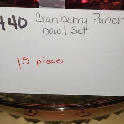 Cranberry glass punch bowl set