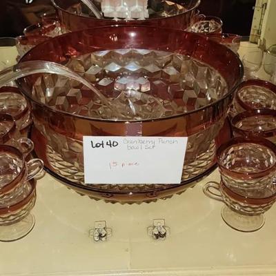 Cranberry glass punch bowl set
