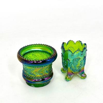 Set of 2 Joe St. Clair Vintage Iridescent Carnival Glass Toothpick Holders