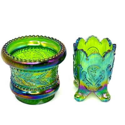 Set of 2 Joe St. Clair Vintage Iridescent Carnival Glass Toothpick Holders