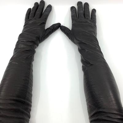 194 VALENTINO Black Long Elbow Length Leather Gloves Size 8