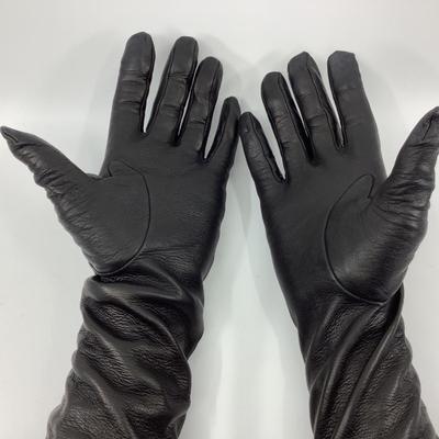 194 VALENTINO Black Long Elbow Length Leather Gloves Size 8