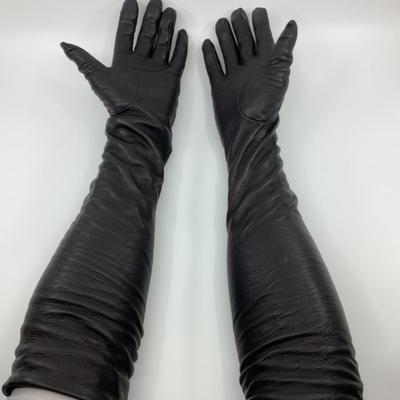 194 VALENTINO Black Long Elbow Length Leather Gloves Size 8