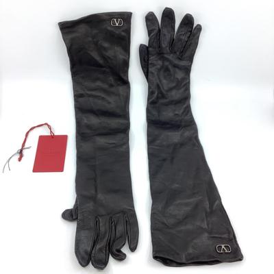 194 VALENTINO Black Long Elbow Length Leather Gloves Size 8