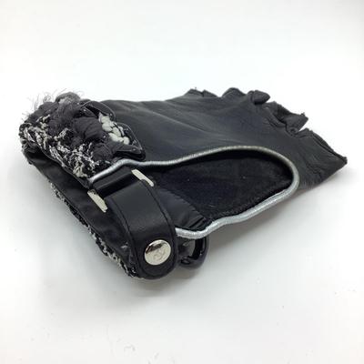 196 CHANEL Black Tweed/Leather Fingerless Gloves Size 7