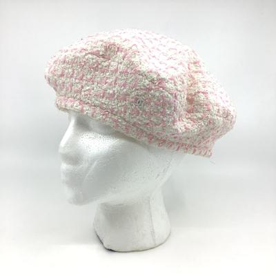 198 CHANEL Cream White & Pink Cashmere Beret Size M