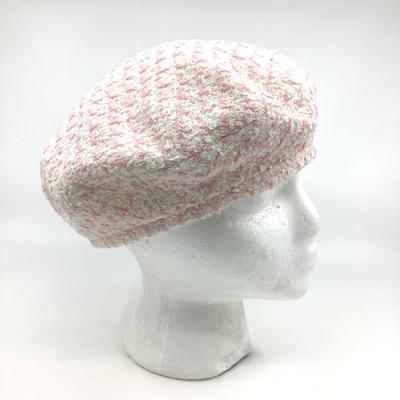 198 CHANEL Cream White & Pink Cashmere Beret Size M