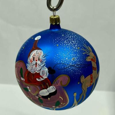 Glass Ornament Handpainted Santa Sleigh & Reindeer