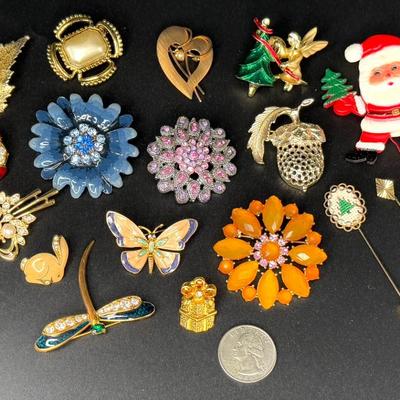 Vintage Brooches and Pins - Lot of 17 - Bunny, Dragonfly, Flowers, Ladybug