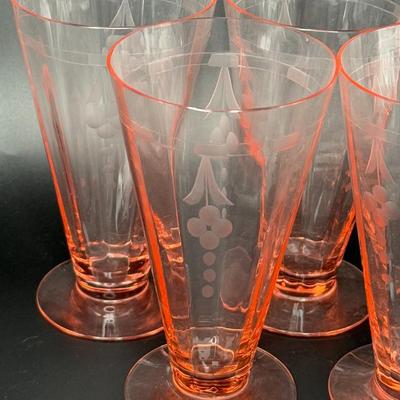 Set of 5 Vintage Pink Footed Parfait Depression Glasses with Flowers