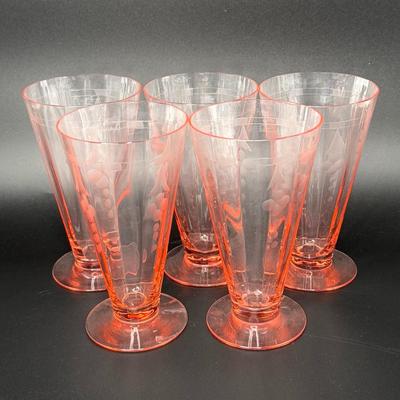 Set of 5 Vintage Pink Footed Parfait Depression Glasses with Flowers