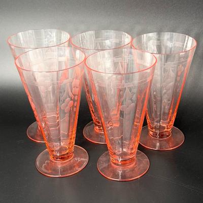 Set of 5 Vintage Pink Footed Parfait Depression Glasses with Flowers