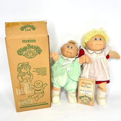 Lot of 2 Vintage Original Cabbage Patch Dolls with Original Box and Birth Certificate from 1984